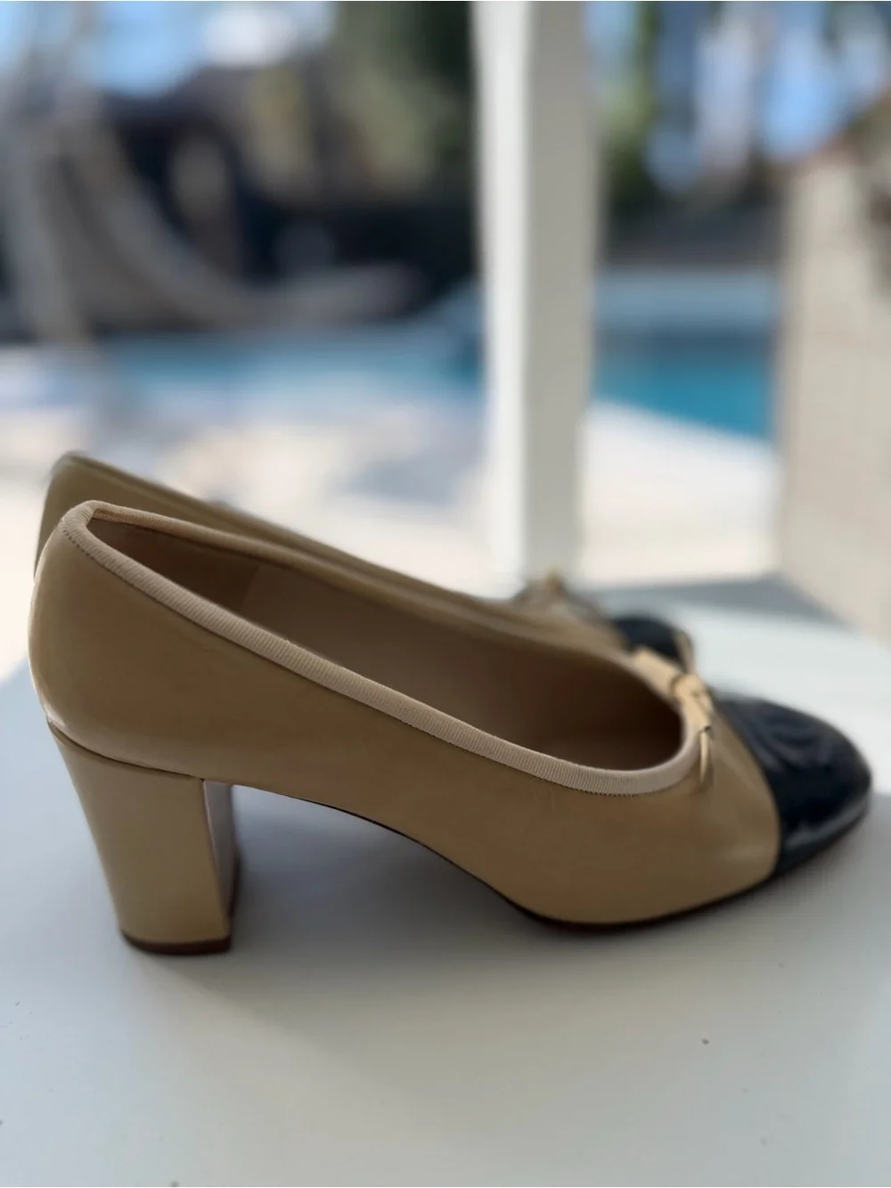 Chanel Beige and Black Cap-Toe block heel pumps